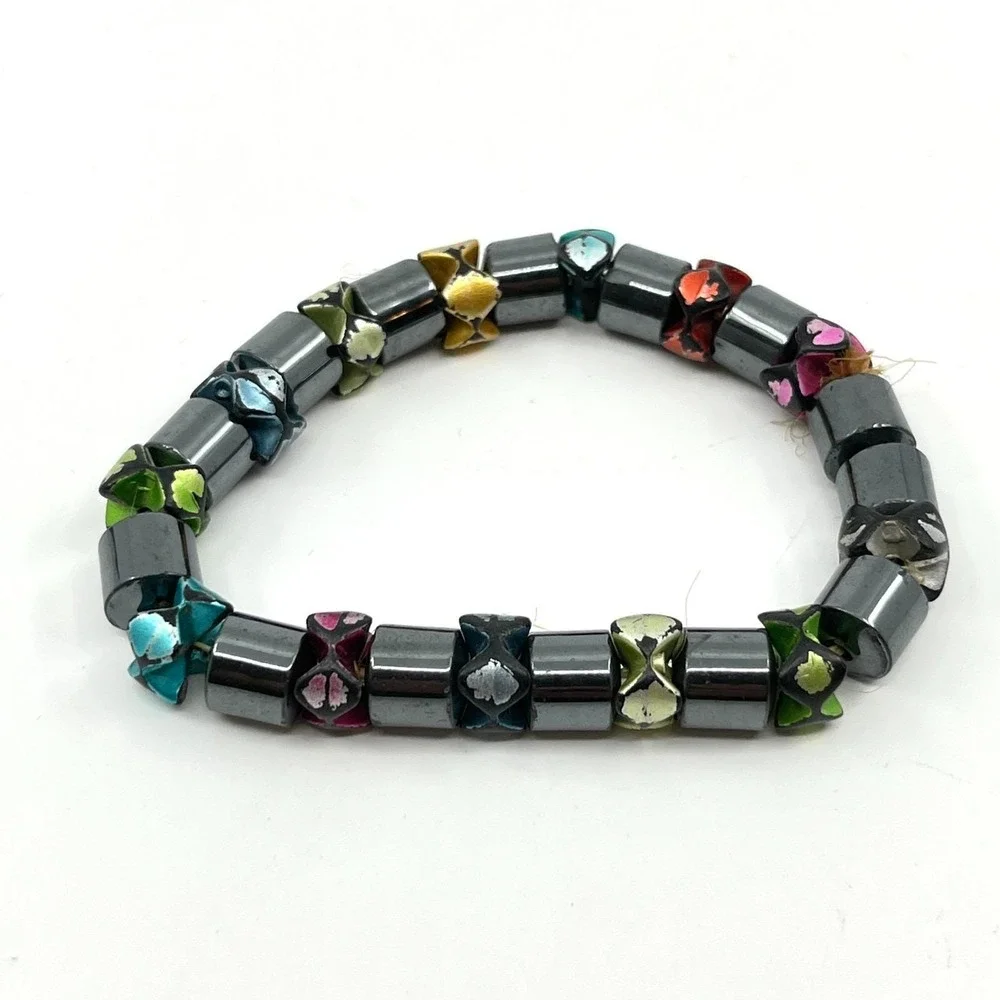 Vintage Retro Hematite Magnetic Stretch Bracelet‎ Colorful Painted Accent Beads